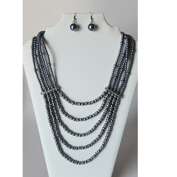 Vintage Gray Faux Pearl and Rhinestone Multi Strand Necklace & Drop Earrings Set - Picture 1 of 9
